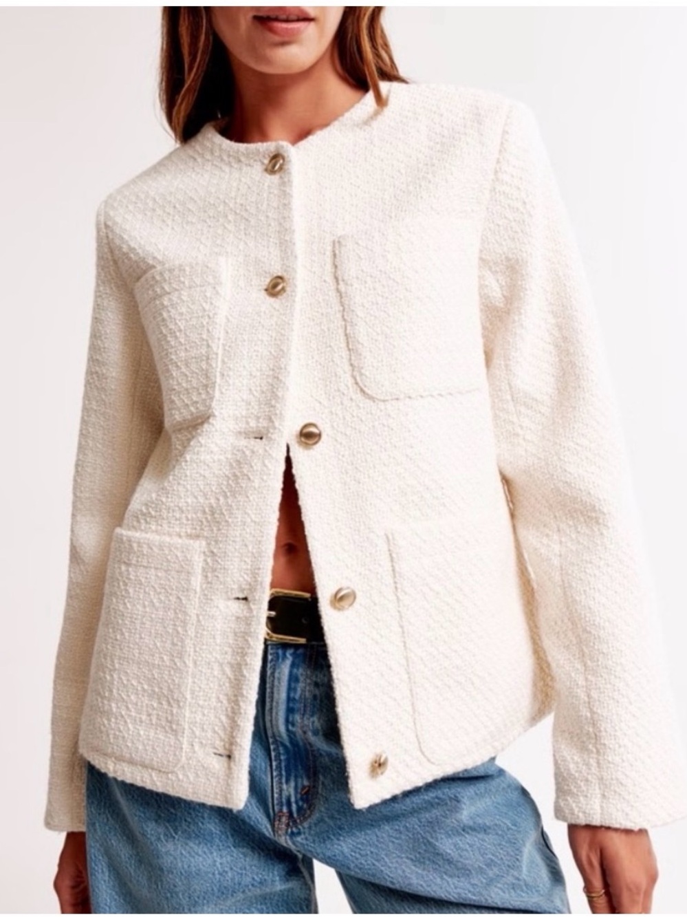 Abercrombie & Fitch Cream Textured Bouclé Blazer Jacket - Picture 2 of 6